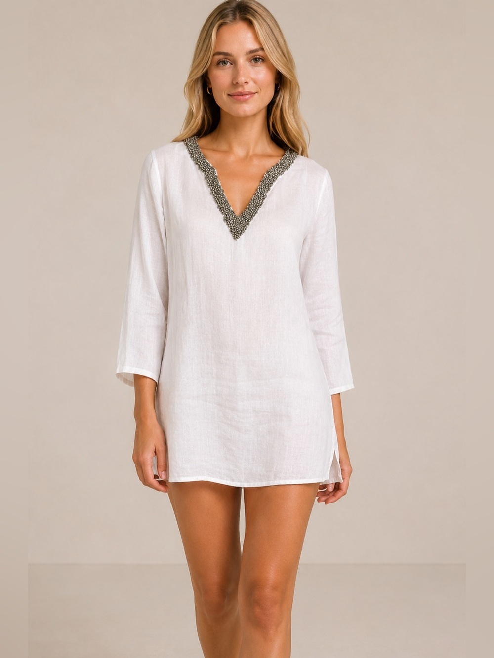 Cynthia Rowley Linen Embellished V‑Neck Tunic Top
